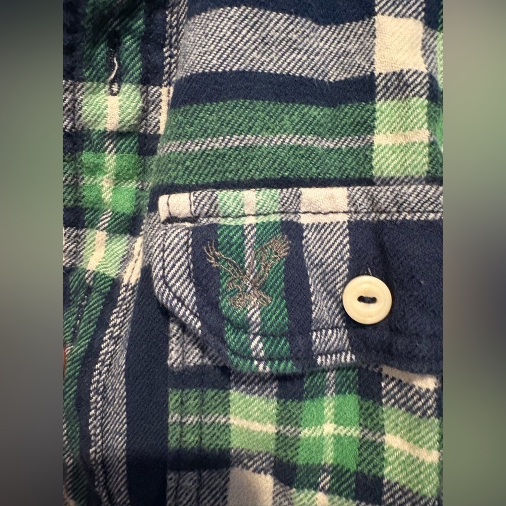 American Eagle Outfitters Green and Blue Plaid Casual Button Down Shirt - Picture 3 of 4